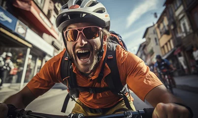 Keuken spatwand met foto Young man smiles into the camera as he rides up extreme mountain bike. © Mangsaab