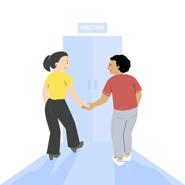 A depressed patient and a friend standing at the door to receive treatment, mental health and wellness concepts.