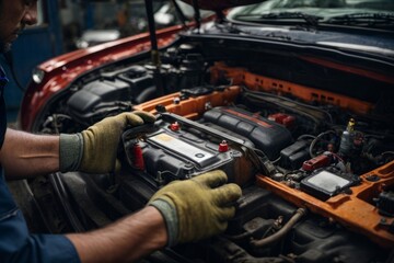 Technician Hands of car mechanic working repair in auto repair Service electric battery and Maintenance of car battery. Check the electrical system inside the car
