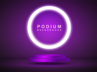 
An empty blue podium floats in the air with a neon ring in the background.