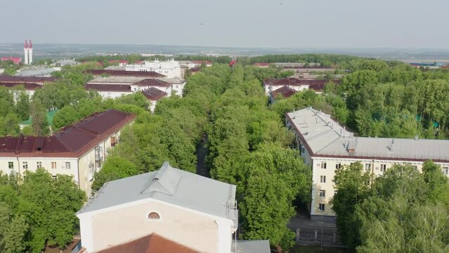 Republic of Bashkortostan, Ufa city in summer: Chernikovka, Sergo Ordzhonikidze Palace of Culture. Aerial view.