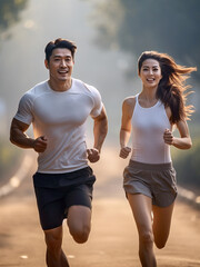 Active asian couple jogging outdoor in the morning, Running in the city street, city park.