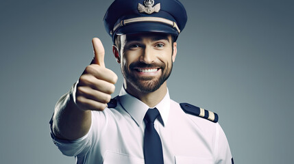 Cheerful airline pilot wearing uniform with epaulets showing thumb up gesture of approval, standing isolated on white background. - obrazy, fototapety, plakaty