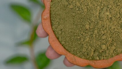 Natural Grey Hair Care: Henna Paste with Leaves in clay Bowl