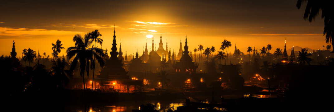 Mystical silhouette of Burmese pagodas under a serene moonlit sky, evoking ancient spirituality and exotic southeast Asian travel.
