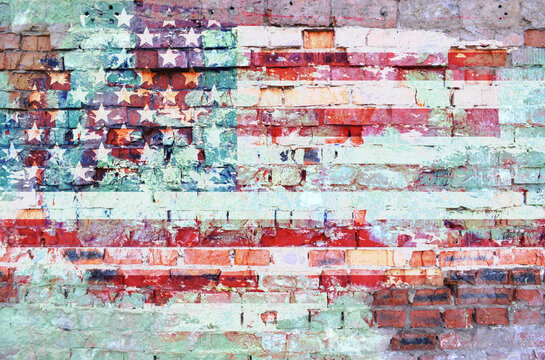 Grunge old American flag on brick wall. Illustration for 4th of july celebration