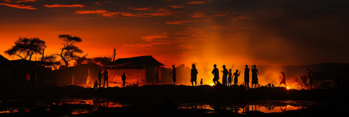 Obraz premium Ethereal silhouette of traditional Nigerian mud house, bathed in warm firelight under a serene night sky, reflecting indigenous architectural heritage