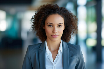 Fototapeta premium Smiling multicultural businesswoman with her office in the background