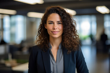 Obraz premium Smiling multicultural businesswoman with her office in the background