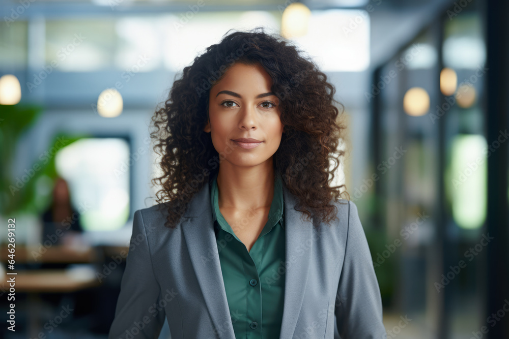 Wall mural smiling multicultural businesswoman with her office in the background