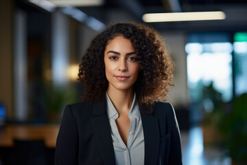 Fototapeta premium Smiling multicultural businesswoman with her office in the background