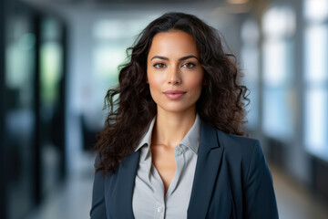 Obraz premium Smiling multicultural businesswoman with her office in the background