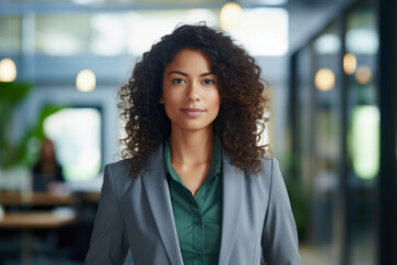 Smiling multicultural businesswoman with her office in the background