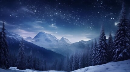 Forest on a mountain ridge covered with snow. Milky way in a starry sky. Christmas winter night.