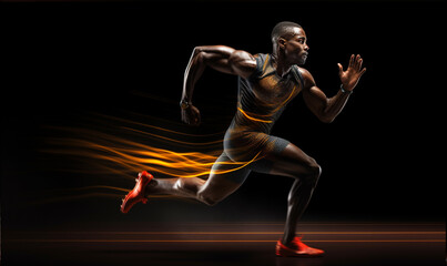 Fototapeta na wymiar Active young african muscular speed running pose, Sport action pose in stadium running track background. Studio lighting.