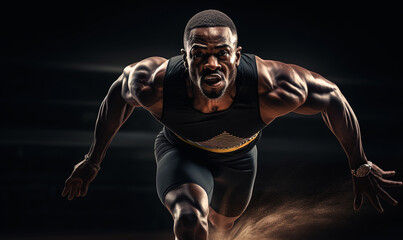 Young african muscular running, sprint and jumping, Sport action pose in stadium running track background. Studio lighting.