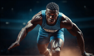 Young african muscular running, sprint and jumping, Sport action pose in stadium running track background. Studio lighting.