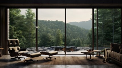 A luxurious villa interior with green trees that make your eyes comfortable - obrazy, fototapety, plakaty