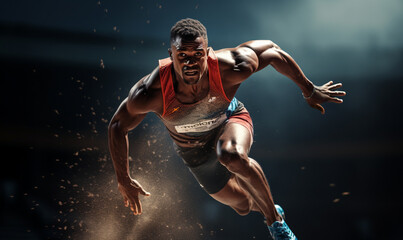 Fototapeta na wymiar Young african muscular running and jumping, Sport action pose in stadium running track background. Studio lighting.