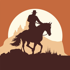 Cowboy riding a horse into sunset,silhouette visible against orange sky vector illustration
