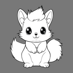 Squirrel with kawaii face. Cute animal cartoon and character theme. Isolated design.Black and white Vector illustration