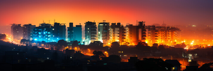 Majestic Nigerian skyscraper silhouette, glowing windows creating a vibrant dance against the noir of the night sky, an awe-inspiring panorama of urban grandeur.