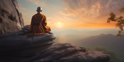 Meditating Buddhist Monk at Sunset . Buddhist Monk Contemplating Nature . Spiritual Journey on the Mountain Peak