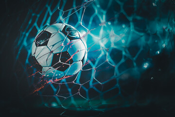 Close-up of a soccer ball (football) going into the back of the net with spotlight background.