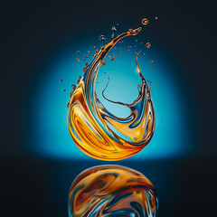Oil lubricant splash isolated, reflection on blue background.