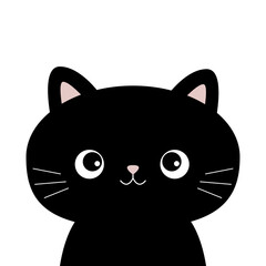 Cute black cat head face silhouette. Cartoon baby character. Pink nose, ears. Kawaii pet animal. Funny kitten. Sticker print. Flat design. White background. Isolated.