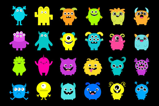 Monster super big icon set. Happy Halloween. Cute kawaii cartoon baby character. Funny head face colorful silhouette. Eyes teeth fang horn tongue. Hands up, down. Flat design. Black background.