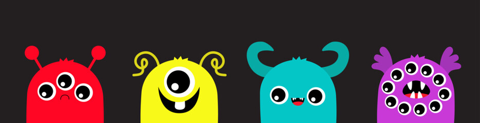 Happy Halloween. Monster set line. Colorful silhouette monsters. Cartoon kawaii funny boo character. Cute face head with horns, teeth, eyes. Baby collection. Flat design. Black background.