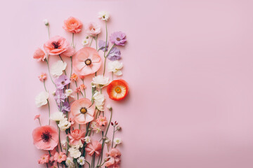 Layout made of colorful flowers on pink background. Floral background, top view, copy space. AI generative, illustration
