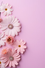 Layout made of colorful flowers on pink background. Floral background, top view, copy space. AI generative, illustration