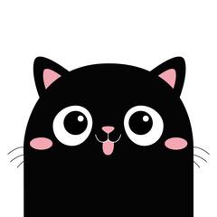 Black cat head silhouette. Cute cartoon baby character. Kawaii pet animal. Smiling face showing tongue. Pink nose, ears, cheeks. Funny kitten. Sticker print. Flat design. White background.