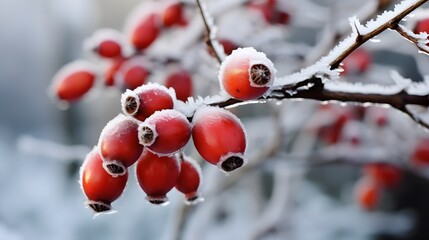 Fototapeta na wymiar Frosted red rose hips in the garden