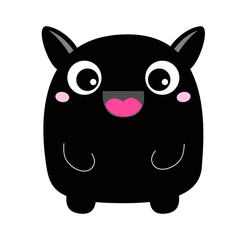 Monster. Happy Halloween. Cute head face with horns, tongue. Black silhouette monsters. Cartoon kawaii funny boo character. T-shirt design. Childish baby collection. White background. Flat design.