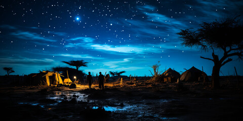 Captivating silhouette of traditional Senegalese huts under a serene starry night sky, echoing authentic craftsmanship, cultural heritage and tranquil rural life.