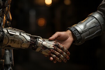 The image depicts a robot hand reaching out towards a human hand, effectively illustrating the concept of collaboration and partnership between artificial intelligence and humans.