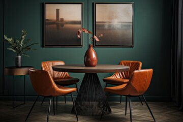 Orange leather chairs at round dining table against green wall. Scandinavian, mid-century home interior design of modern living room.