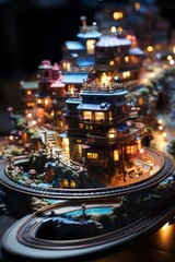 The image captures the delightful sight of a miniature electric toy train in motion, swiftly traversing a circular track. Its illuminated lights and spinning wheels contribute to the enchanting scene.