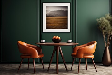 Orange leather chairs at round dining table against green wall. Scandinavian, mid-century home interior design of modern living room.