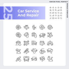 2D pixel perfect black icons pack representing car repair and service, editable thin line illustration.