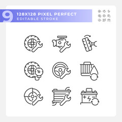 2D pixel perfect black icons set representing car repair and service, editable thin linear illustration.