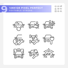 Pixel perfect black icons representing car repair and service, editable thin line illustration set.