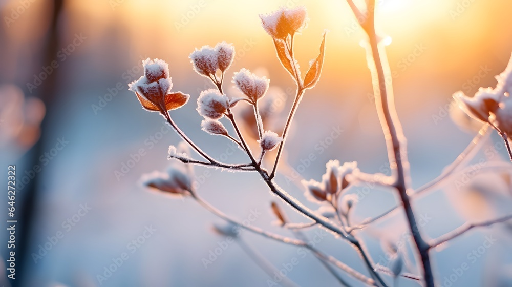 Canvas Prints frozen twigs in hoarfrost glisten in the sun. winter landscape with sun flare