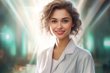In this illusionary artwork, a hyper-realistic scientist with dark brown hair and a lab coat gazes at the camera against a captivating background.