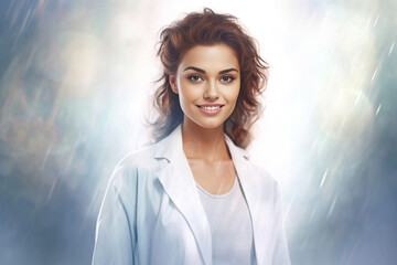Fototapeta premium In this illusionary artwork, a hyper-realistic scientist with dark brown hair and a lab coat gazes at the camera against a captivating background.