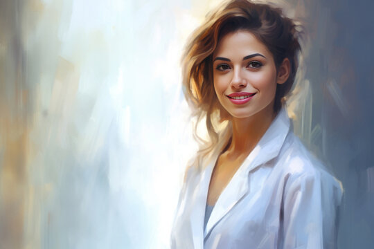 In this illusionary artwork, a hyper-realistic scientist with dark brown hair and a lab coat gazes at the camera against a captivating background.
