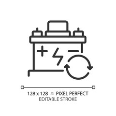 2D pixel perfect editable black car battery icon, isolated vector, thin line simple illustration representing car service and repair.